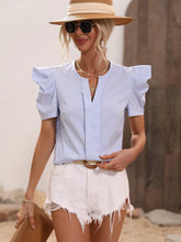 Striped Print Notched Neck Puff Sleeve Blouse